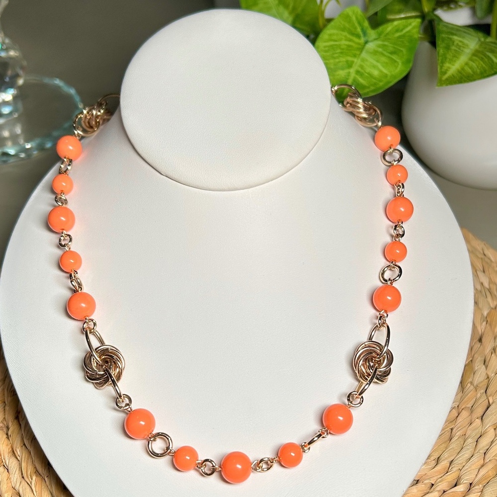 Banana Republic Gold Knot, Orange Beaded 29” Long Gold Tone Statement Necklace